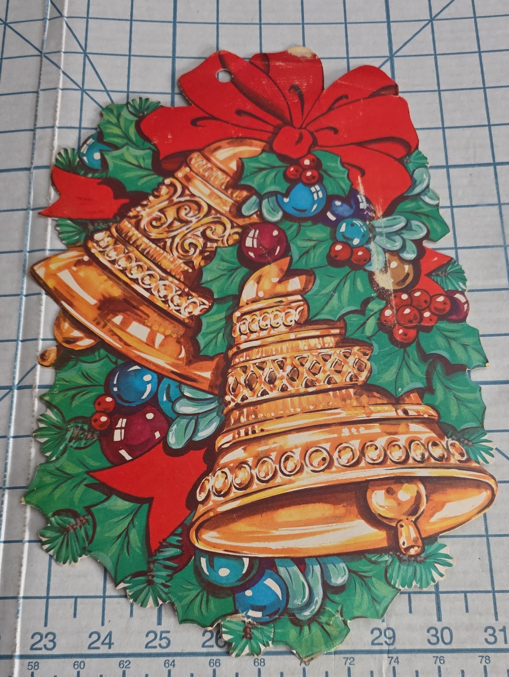 Gold Bells Holiday Wall Hanging with Red Bow & Green Holly, Vintage, 9"x13.3"